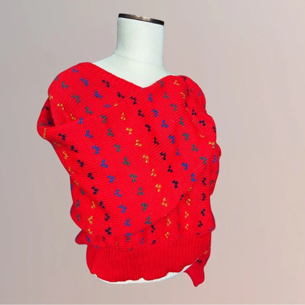 VINTAGE 80s Red Knit Dolman Sweater - Picture 3 of 5
